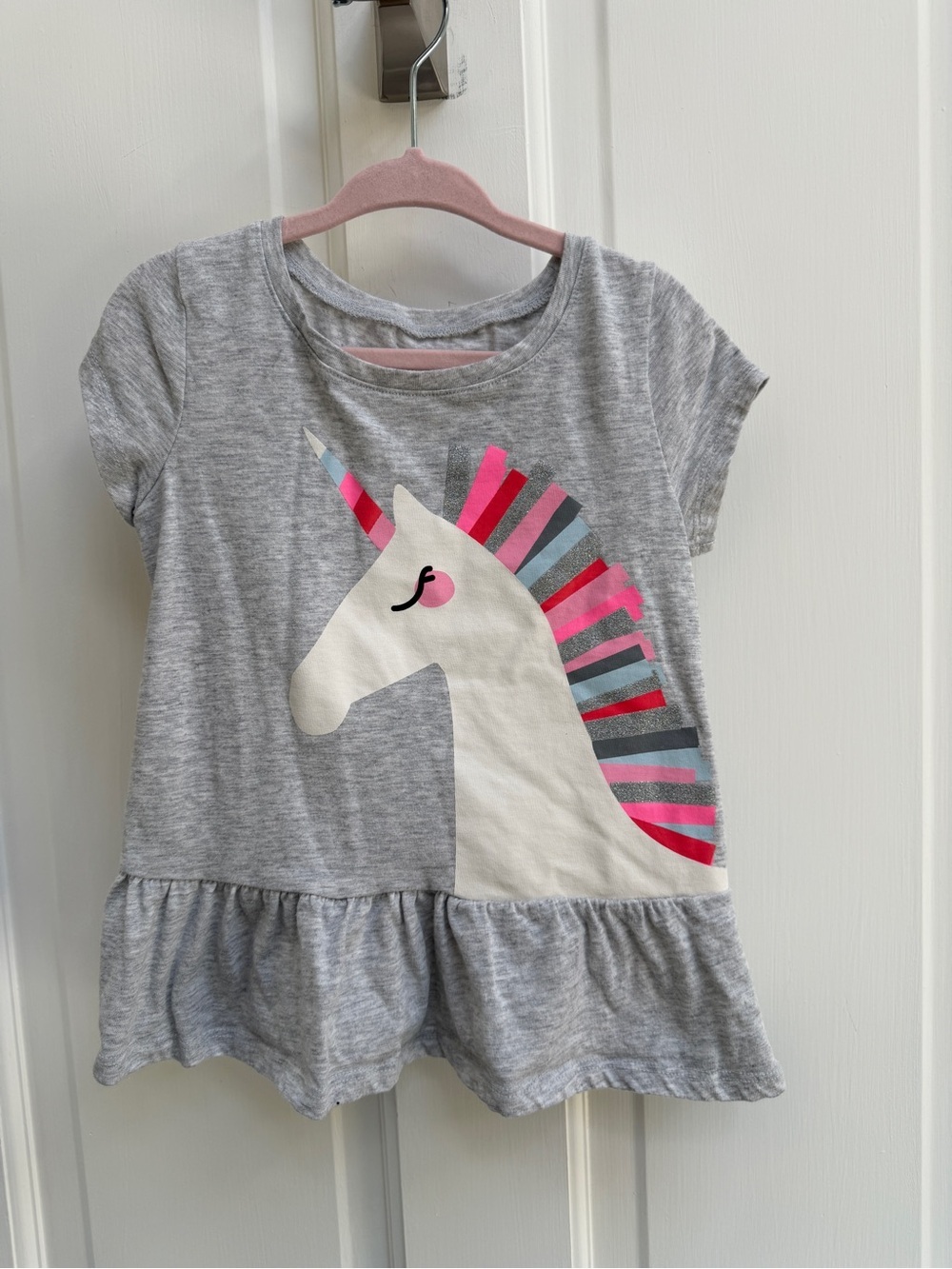 jumping beans 4T Girls Gray Unicorn Short Sleeve Peplum Top Blouse Shirt
